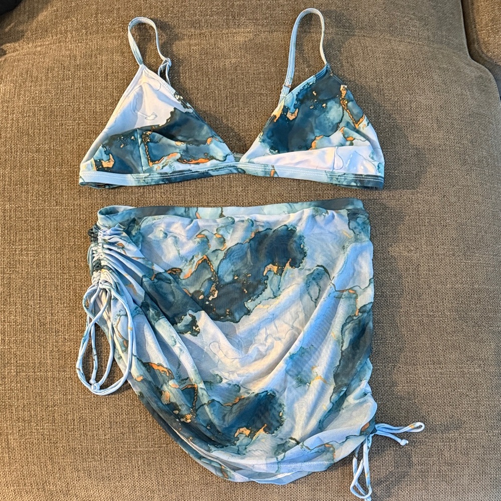 Amazon Swim Blue Marble Bikini Top & Skirt Set